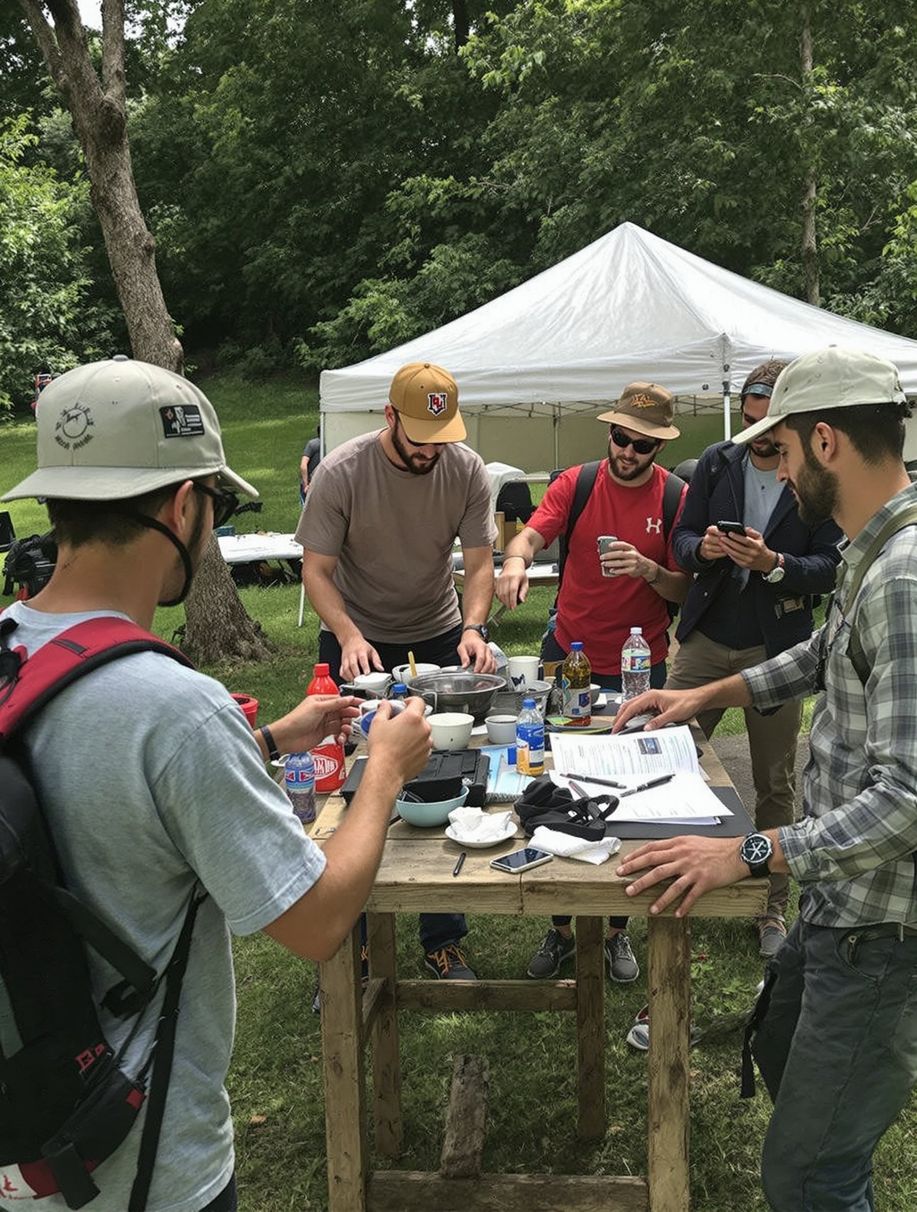 Four teams compete in an outdoor team building event. Participants gather around a wooden table in a lush green area. They are involved in a hands-on group activity, showcasing teamwork and collaboration. Equipment and materials are spread on the table as they focus on their tasks. A tent is set up in the background, indicating preparation for outdoor activities.