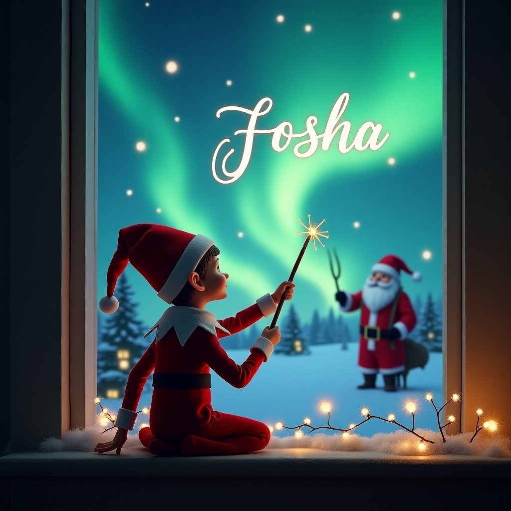 An elf on the shelf writing Joshua in the sky using a wand. Background features a magical Christmas scene with northern lights and Santa.