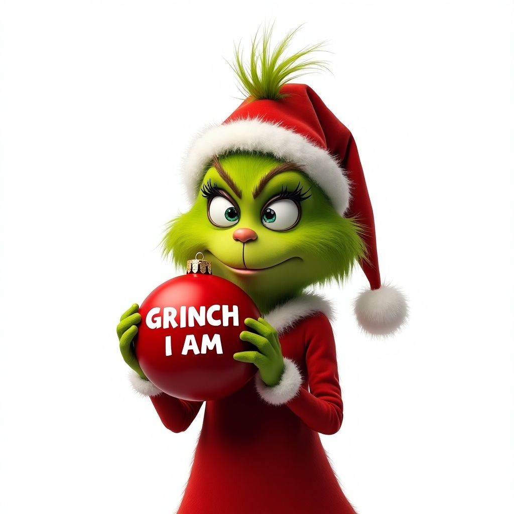 Female young Grinch with Santa hat holds a red ornament. Ornament says 'Grinch I Am'. White background.