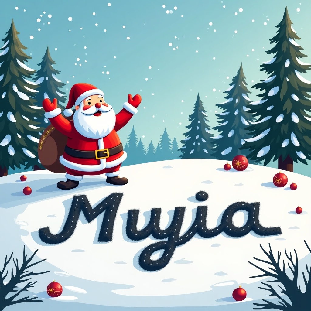 This is a cheerful illustration of Santa Claus in a snowy winter setting. He is joyfully raised his arms, celebrating the holiday spirit. In the snow, the name 'Myia' is creatively written. There are evergreen trees surrounding the area, adding to the festive atmosphere. Red ornaments are scattered in the snow, enhancing the Christmas theme. The overall feel of the image is joyous and festive, perfect for holiday promotions.