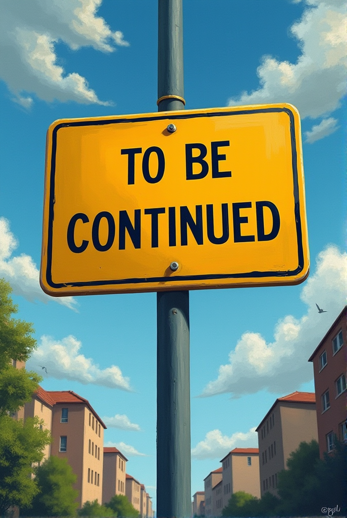 A bright yellow street sign reads 'TO BE CONTINUED' against a blue sky with clouds and buildings.