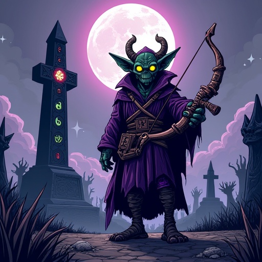 Medium shot of a goblin sorcerer with glowing yellow eyes in tattered purple robes holding a rune-carved crossbow. Set in a misty moonlit graveyard with a towering black obelisk covered in arcane symbols. Bold comic-book outlines and anime cel-shading with vibrant purples and toxic greens. Swirling magical energy around the crossbow and undead hands emerging from graves.