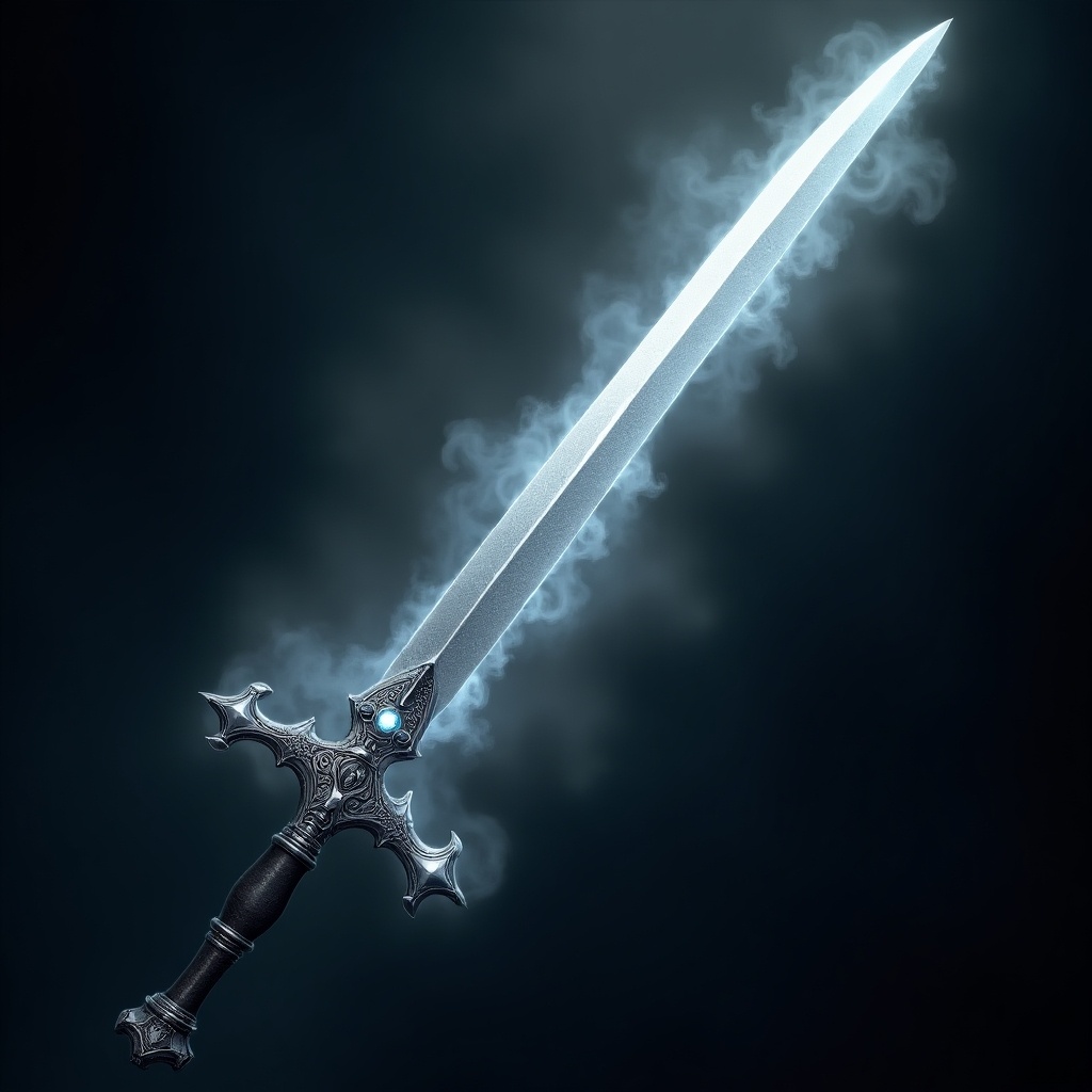 The image showcases a beautifully designed fantasy sword, a curved silver greatsword glowing with an ethereal light. The blade features intricate detailing, suggesting magical properties that enhance its allure. The hilt is decorated with ornate patterns that contribute to the sword's overall elegance. Surrounding the sword is a misty aura, adding a sense of depth and intrigue to the piece. This image encapsulates the essence of fantasy weaponry, perfect for art enthusiasts and gamers alike.