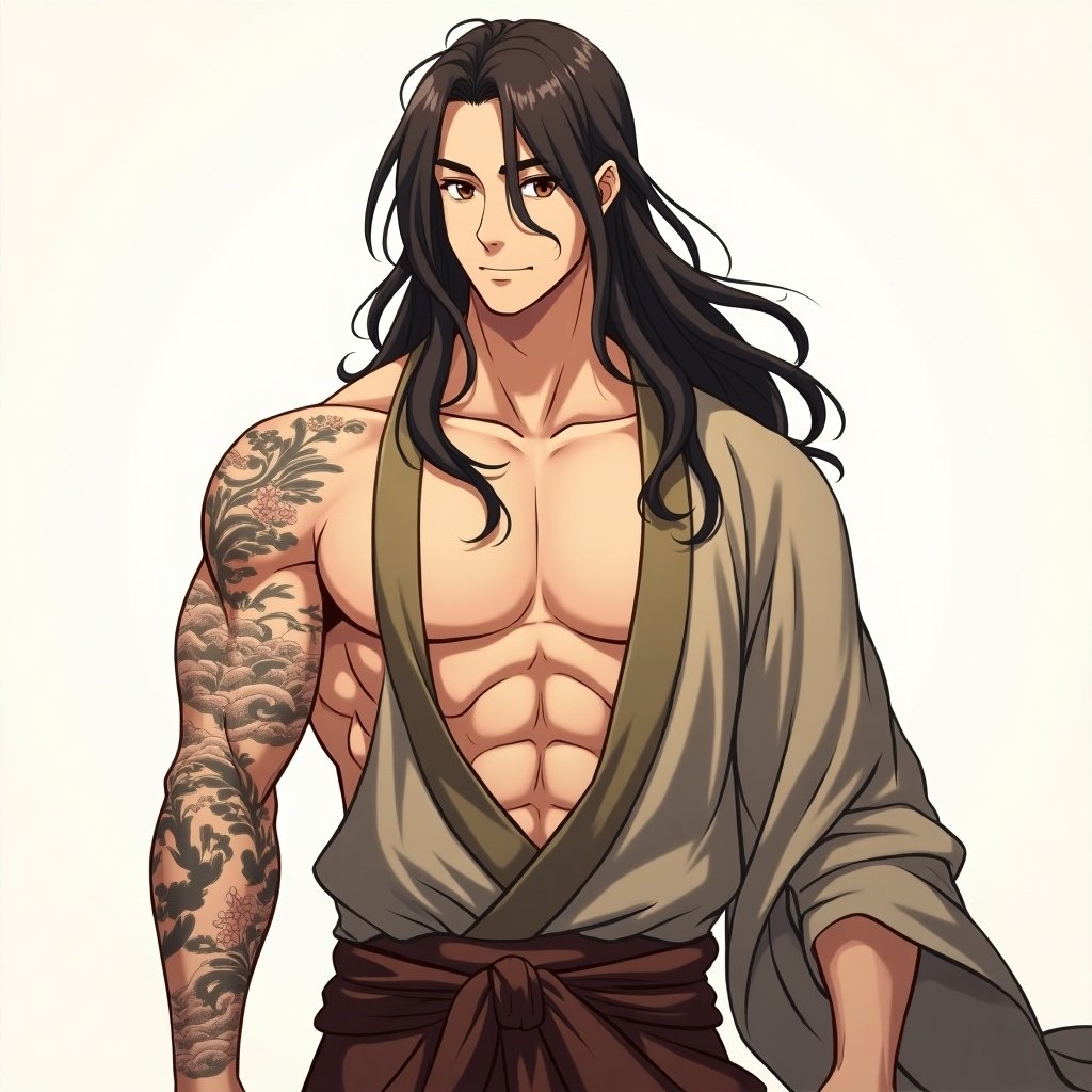 Mature male anime character with long dark brown hair and warm brown eyes. Lean muscular body with defined abs. Intricate tattoos on left arm. Wears a loose traditional top in earthy tones. Relaxed posture exuding confidence.