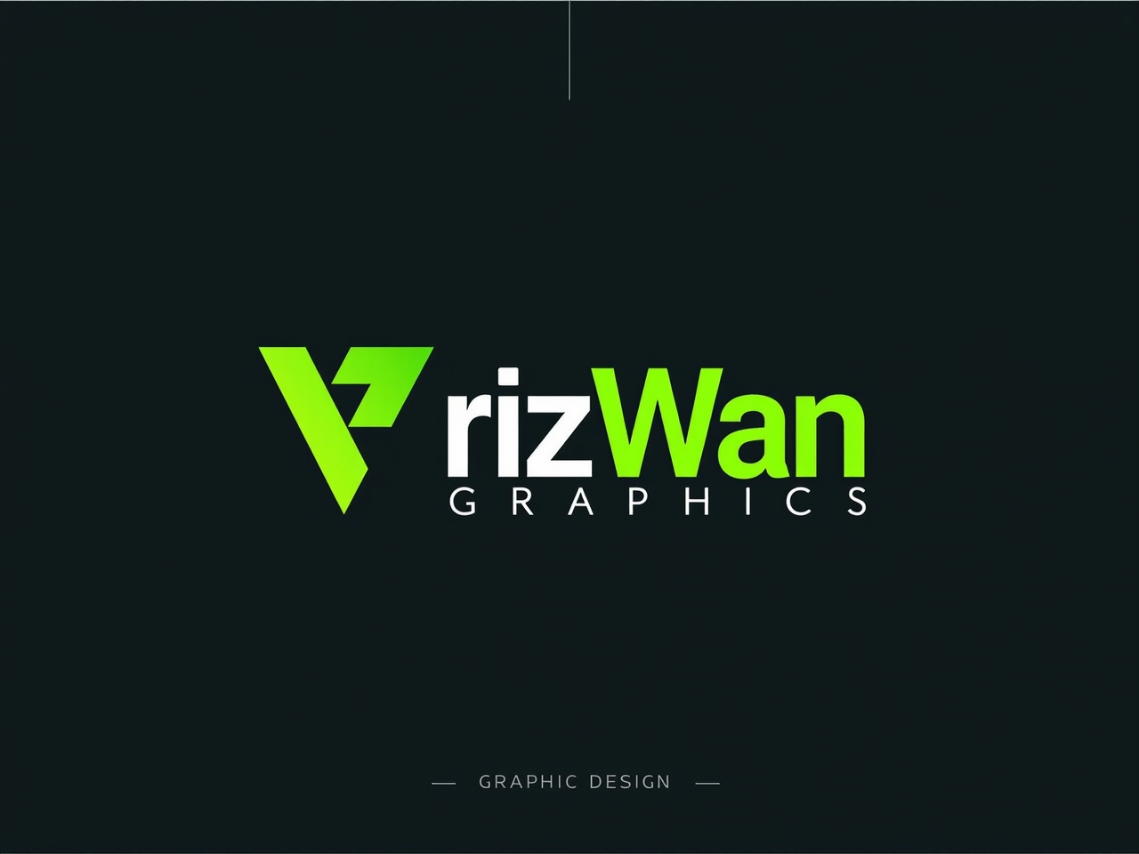 This image features a modern logo design. The logo includes the name 'rizWan' with a stylized letter 'W' that is prominent and formed from two green triangles. The design has a contemporary aesthetic, blending a dark background with bright green and white lettering. Below the name, the word 'GRAPHICS' is displayed in a clean, simple font. The overall look conveys a sense of professionalism and creativity, suitable for a graphic design brand.