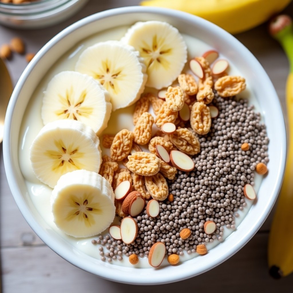 Yogurt bowl filled with banana slices, granola, chia seeds, and almonds. Bright and colorful presentation.