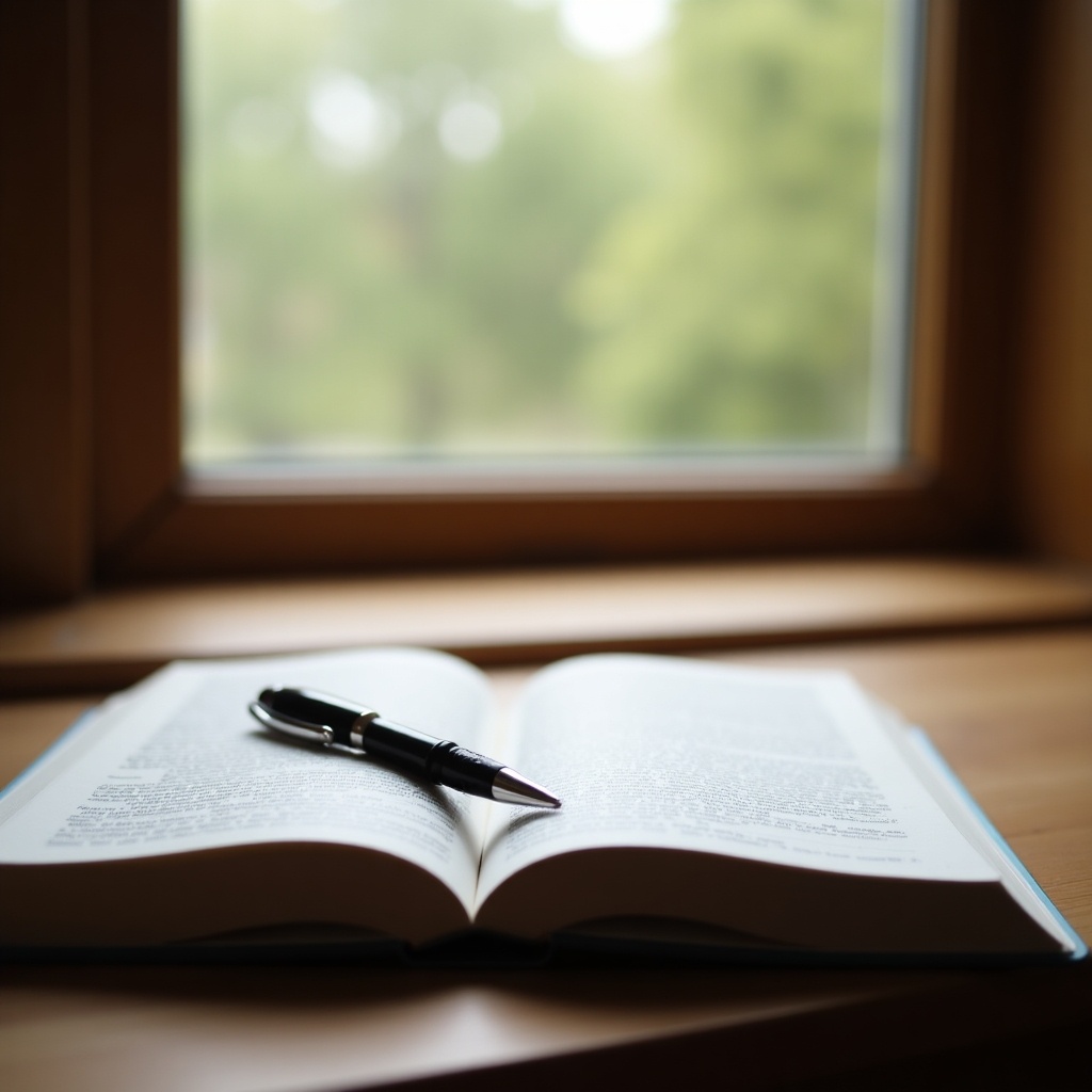 The image shows a pen resting on an open book placed on a wooden surface. Natural light filters through a window, adding warmth to the setting. The focus is sharp on the book and pen, inviting viewers to consider the joy of reading and writing. The soft colors and the wooden texture create a cozy atmosphere. This scene speaks to anyone who loves literature and the quiet moments spent reading or writing by a window.