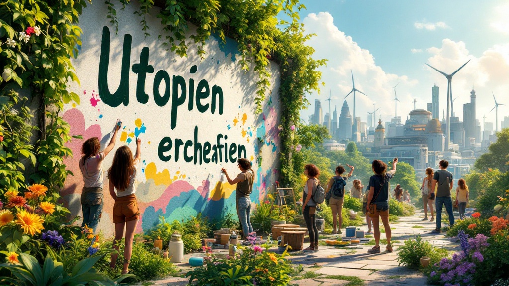 Vibrant Solarpunk scene inspired by Studio Ghibli. Young activists joyfully painting a wall with 'Utopien erschaffen'. Lush green environment. Overgrown vines and flowers in urban setting. City features eco-friendly architecture with wind turbines and solar panels. Activists wear colorful handmade clothes. Mood is hopeful and full of life.