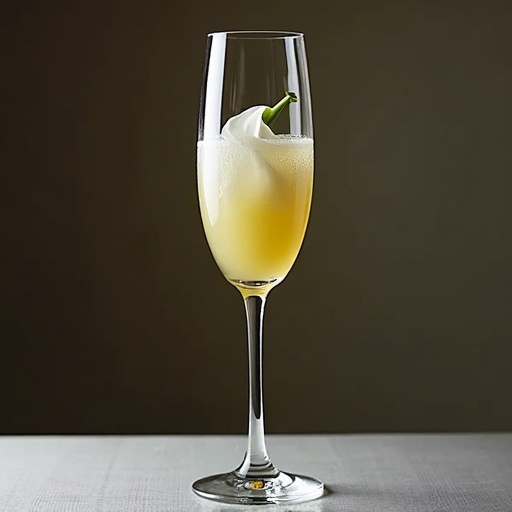 A tall glass champagne flute filled with a light colored carbonated beverage. The drink is garnished with a white calla lily. The glass sits on a neutral tablecloth with a dark background.