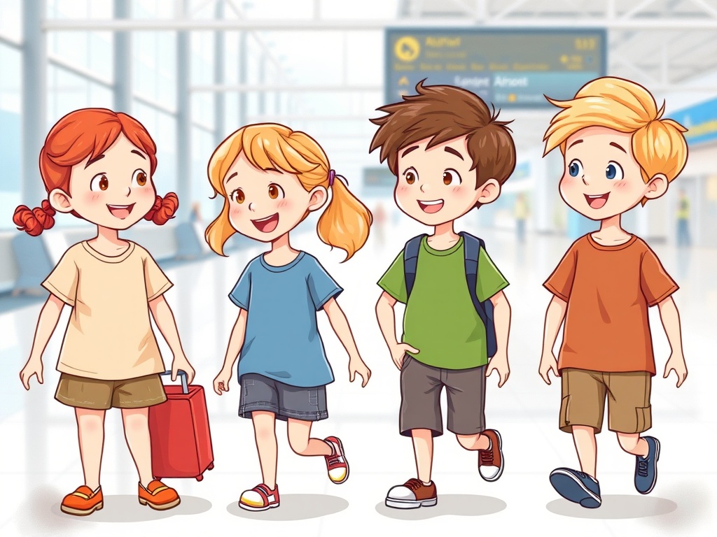 Four cheerful children walk energetically through a bright and spacious airport with a red suitcase.