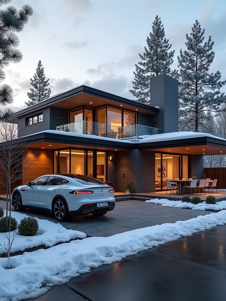 Luxury home designed for comfort in January. Electric vehicle charger visible. Solar panels on the roof. Snow covers the driveway. Modern architecture features large windows and a patio. Pine trees surround the property.