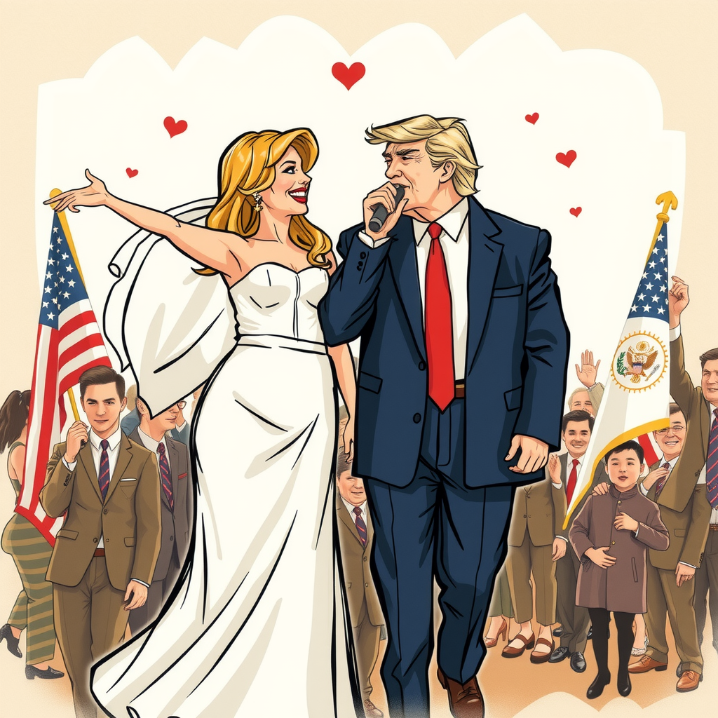 A couple joyfully walks together, surrounded by people and American flags.