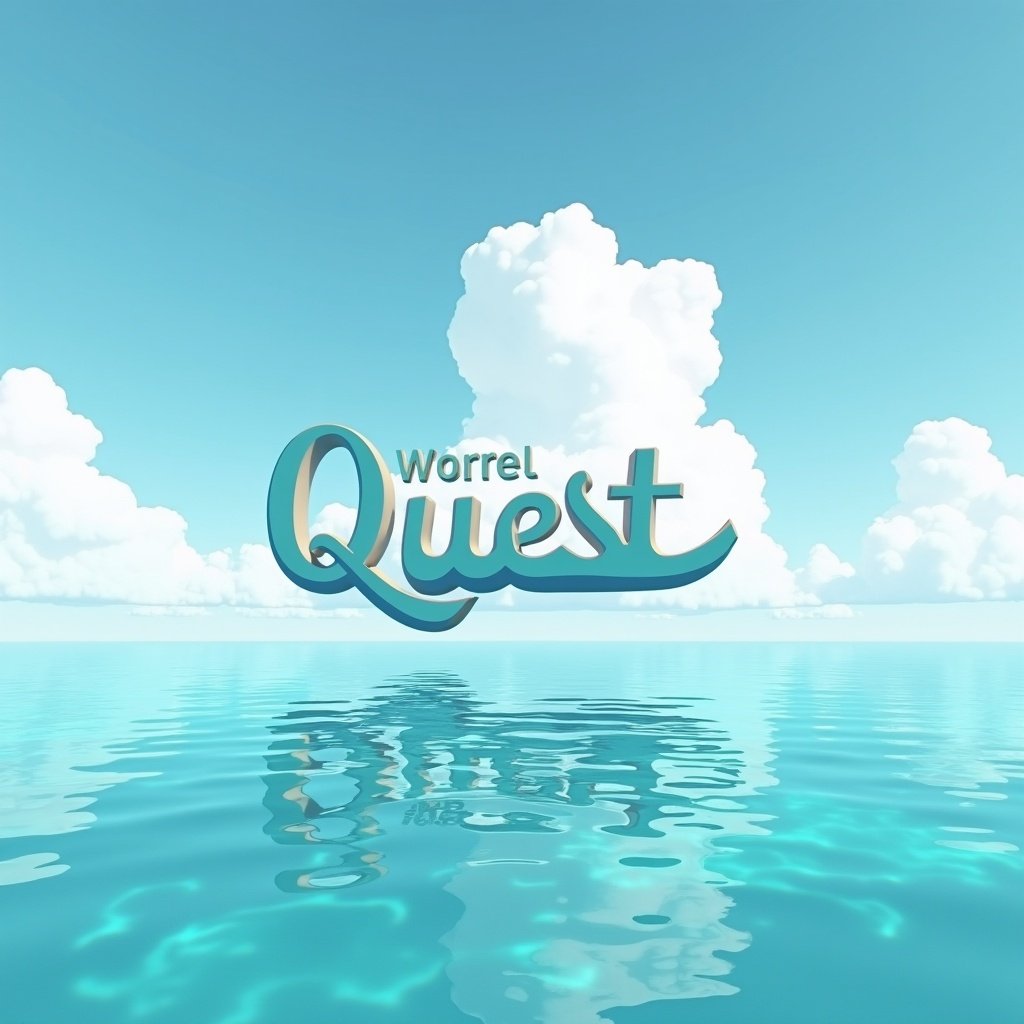 The word quest styled elegantly and modern. Floating above a beautiful Caribbean sea. The sky is Tiffany light blue with soft white clouds.