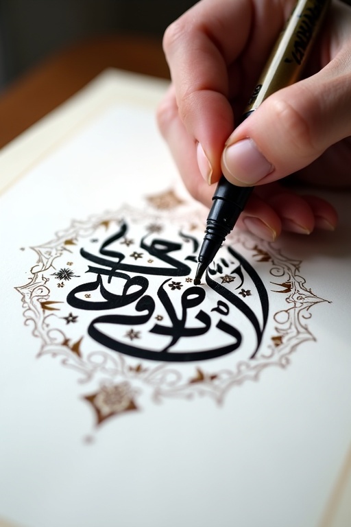 A hand writes Arabic calligraphy with a pen. Bold black ink on white paper. The hand stays steady focusing on letters. Surrounding designs enhance the calligraphy. Soft lighting illuminates strokes. The words sayf alshams appear.