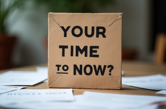 A cardboard sign on a table reads 'YOUR TIME TO NOW?' with papers scattered around.