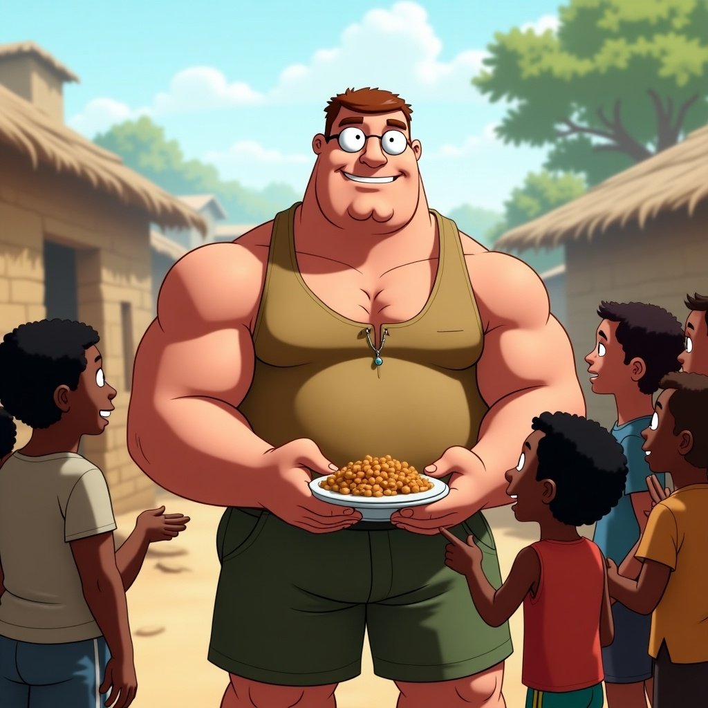 Muscular character gives food to children who appear happy. Scene is set in a village environment. Children are eagerly receiving food. Colorful and cartoonish style. Focus on community and sharing.