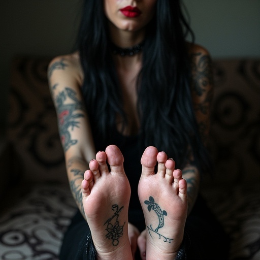 Mature goth woman with long black hair. She shows her tattooed soles on bare feet. The background is blurred out. She has a thoughtful expression.