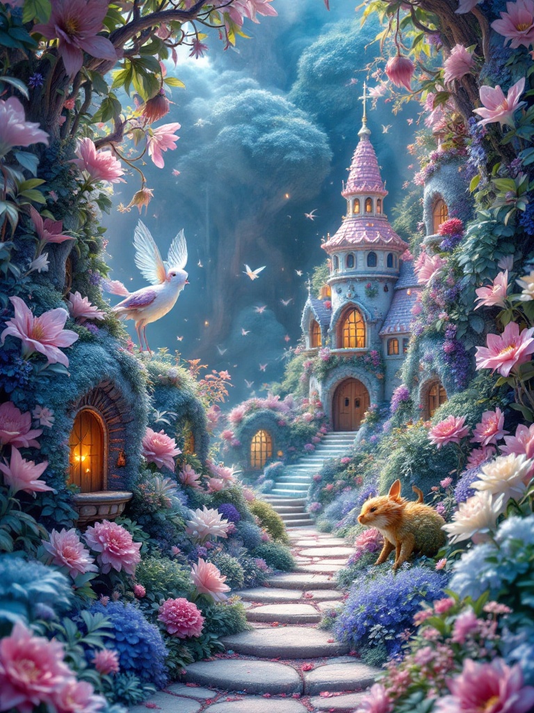 A dreamscape featuring a vibrant castle surrounded by flowers greenery pathways and whimsical creatures. Soft glowing light illuminates the scene creating an enchanting atmosphere.