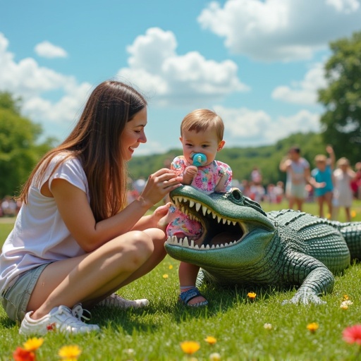 A playful mother interacts with her child in a fun way. A child fits into the mouth of a lifelike alligator. The child holds an oversized pacifier. Scene set in a vibrant outdoor park.