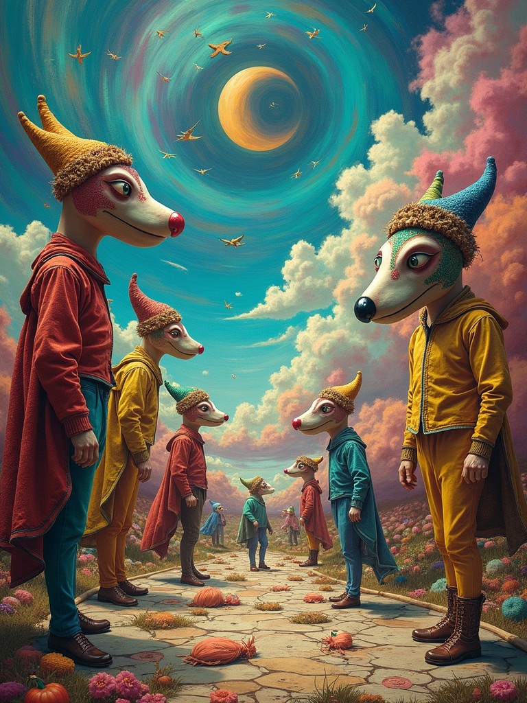 Surreal art scene with characters wearing animal masks. Style inspired by Commedia dell'Arte. High detail digital painting. Vibrant colors with a whimsical landscape. Masterpiece artwork.