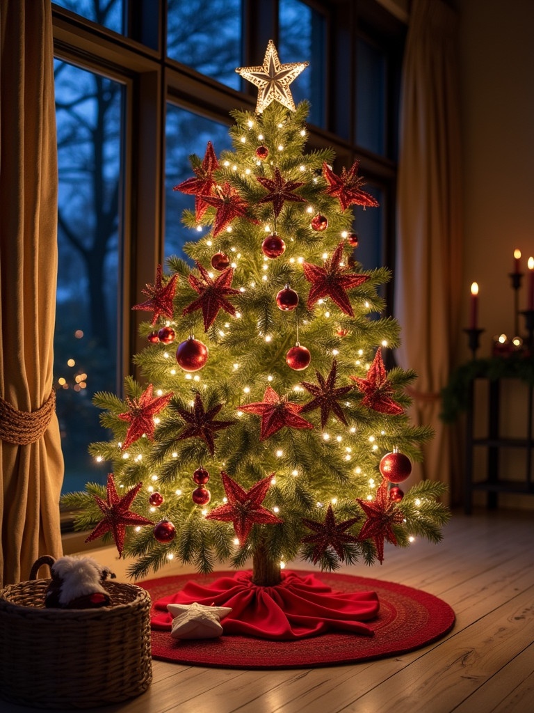 A beautifully decorated Christmas tree with red stars and ornaments. Bright white lights shine softly on the tree. There is a decorative red cloth at the base. A cozy home interior with large windows and warm lighting. Some candles are visible in the background.