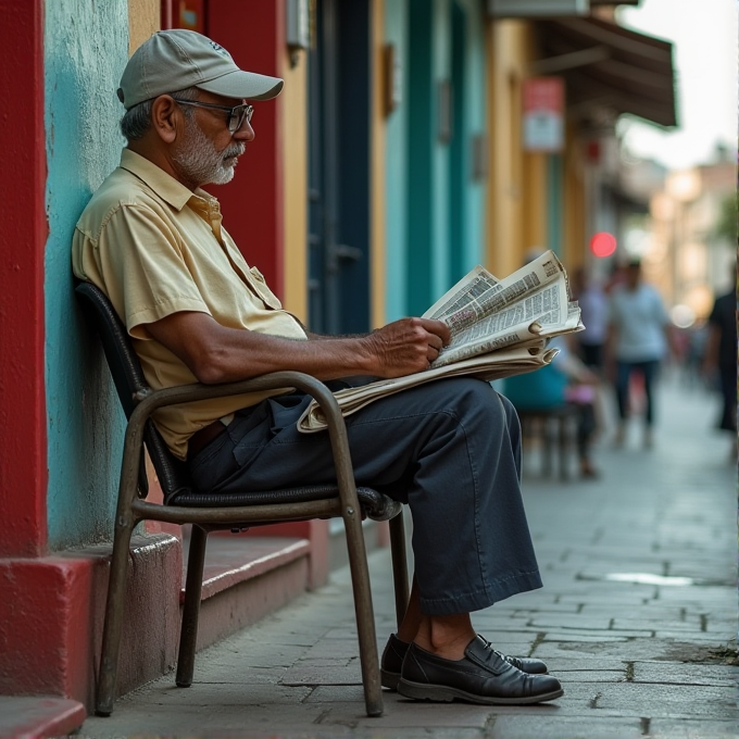 An elderly man sits on a chair by a colorful street, reading a newspaper.