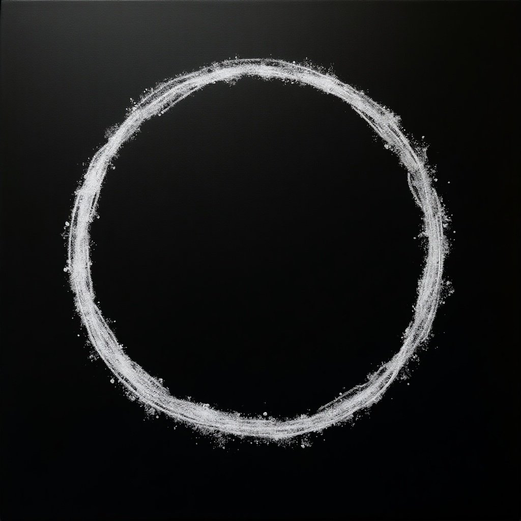 White chalk circle drawn on a black surface. The outline is perfectly round and slightly textured. The contrast is striking and visually appealing. This minimalist design highlights geometric forms and artistic expression.