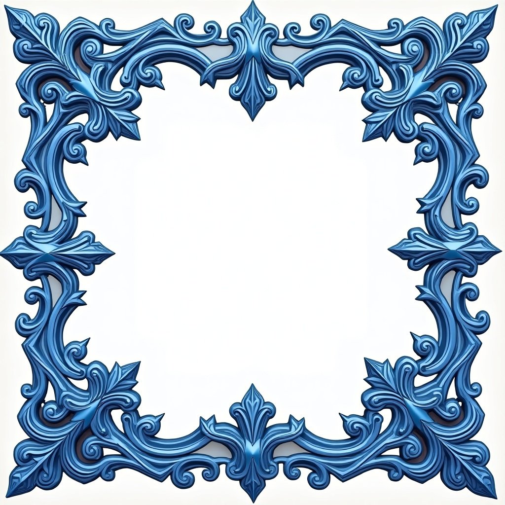 Ornate blue wintry frame. Intricate designs with shapes. Empty center for customization.