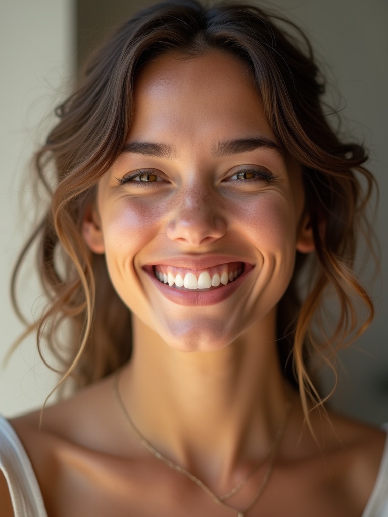 Image shows young woman with radiant smile. She has joyful squinted eyes. Gentle lighting enhances her natural beauty. Soft tousled hair frames her face. Background is blurred to focus attention on her expression.