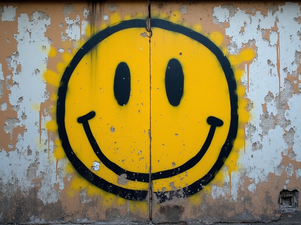 The image features a vibrant yellow graffiti smiley face painted on a weathered wall. The background is a mix of peeling beige paint and rough textures, providing a contrast to the bright yellow. The smiley face embodies joy and positivity with its simple design of two dots for eyes and a curved line for a mouth. The overall look is playful and inviting, despite the deterioration of the wall around it. This artwork captures the essence of street art culture and its ability to convey messages of happiness in urban environments.