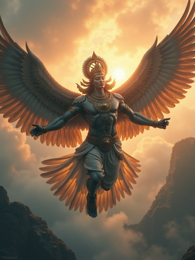 Garuda is depicted flying in a majestic pose. The image showcases grand wings and an ethereal glow from the sun. The background features scenic mountains and clouds.