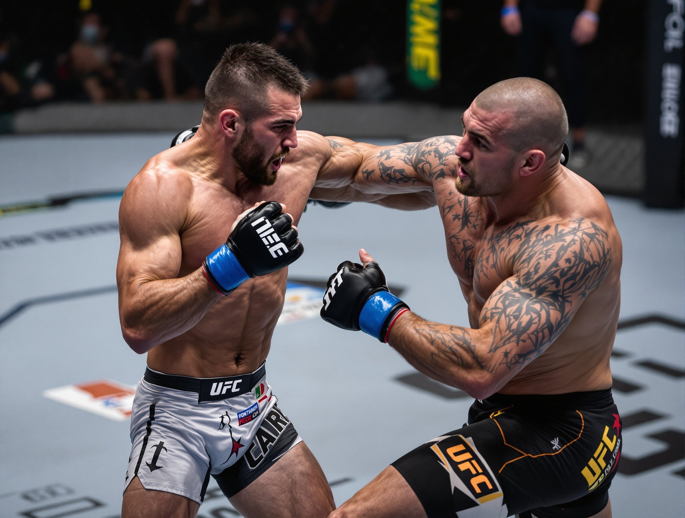 Action-packed scene in a UFC fight. Two fighters exchange powerful strikes in the octagon. One fighter throws a punch while the other prepares to receive it. The atmosphere is tense and dramatic. Captures the intensity of the match.