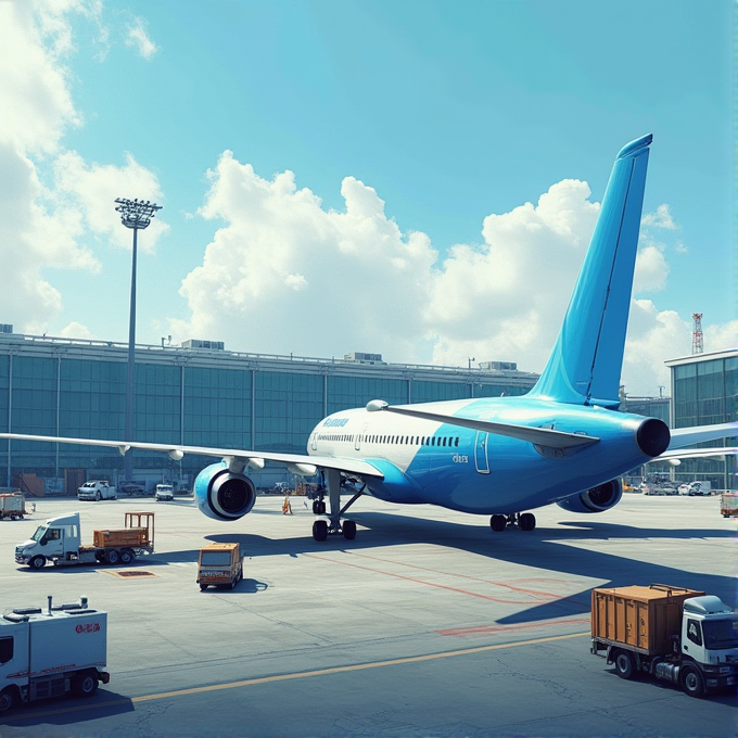 A blue airplane is parked on an airport tarmac with utility vehicles nearby.