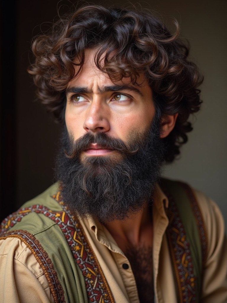 A man with curly hair and a thick beard is wearing traditional clothing. He gazes thoughtfully to the side. The image captures a moment of contemplation. The clothing displays rich patterns. The lighting is warm and inviting.