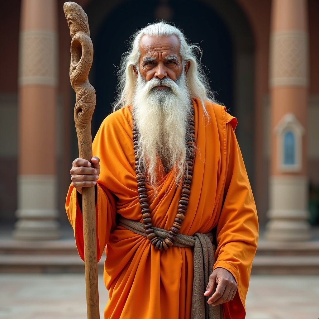 A serene Indian sage with a long white beard is dressed in saffron robes. The sage holds a carved wooden staff. A rudraksha mala adorns his neck. He walks gracefully into a grand royal court.