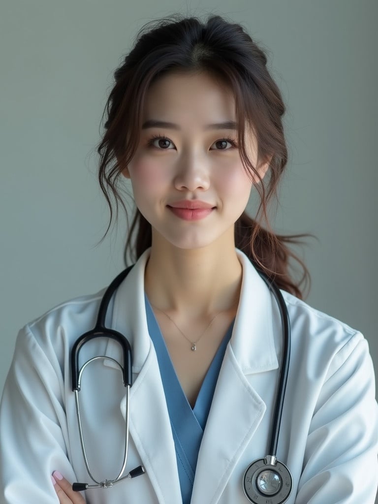 Professional female doctor wearing a white coat with a stethoscope. Gentle light enhances the atmosphere. Focus on the doctor as a role model in healthcare.