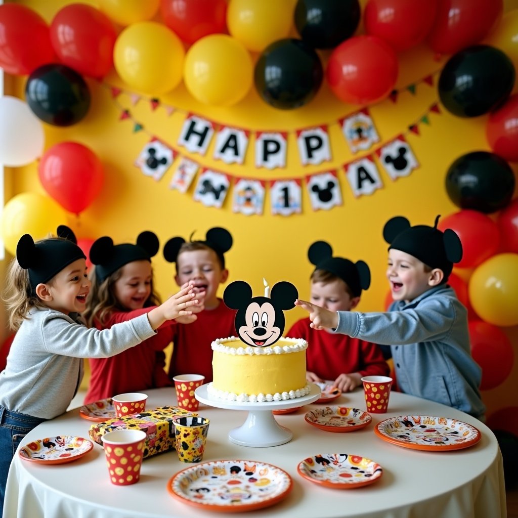 Mickey Mouse themed first birthday celebration with children around a cake. Bright colors and cheerful decorations. Young kids in Mickey Mouse hats. Fun atmosphere with balloons and happy expressions.