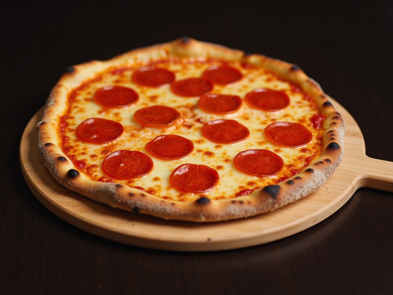 This image shows a delicious pizza placed on a wooden serving board. The pizza features a golden brown crust with a slightly charred edge, indicating it was cooked to perfection. It is topped with several slices of pepperoni that are generously spread across the surface, creating an appealing look. The cheese underneath is melted and bubbling, adding to the overall appetizing appearance of the dish. The background is relatively dark, which enhances the vibrant colors of the pizza, making it stand out more. This tempting pizza is ready to be enjoyed.