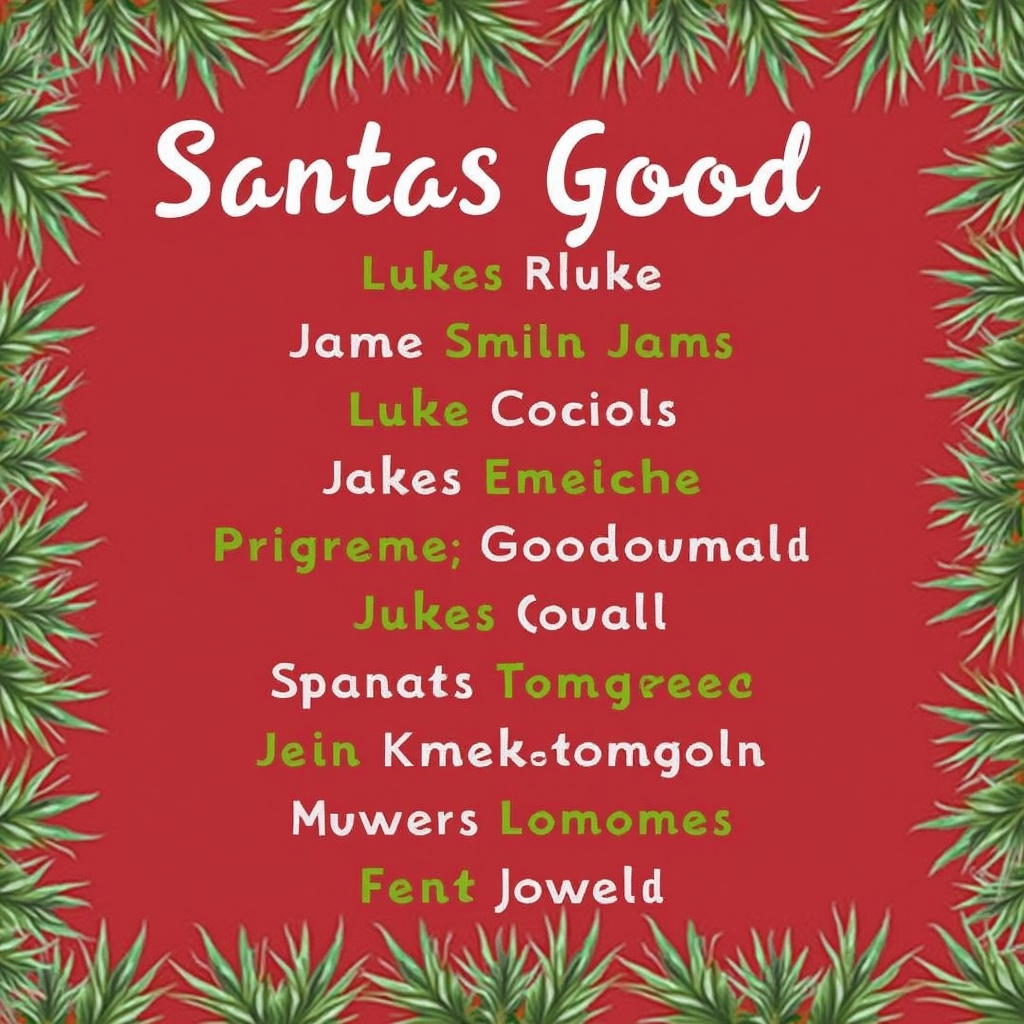 This image showcases a colorful 'Santa's Good List' featuring names associated with Christmas spirit. The background is a vibrant red, complemented by greenery, creating a festive holiday atmosphere. The list includes names like Luke and James, indicating they are on Santa's good side this year. The font is playful and cheerful, adding to the joyous theme of the season. It's an ideal design for holiday marketing or greeting cards, celebrating good behavior during the Christmas season.