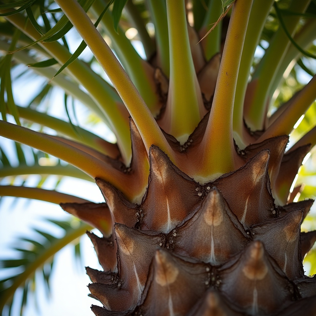 Close-up view of date palm trunk. Focused on bark textures and growth features. Sunlight enhances details.