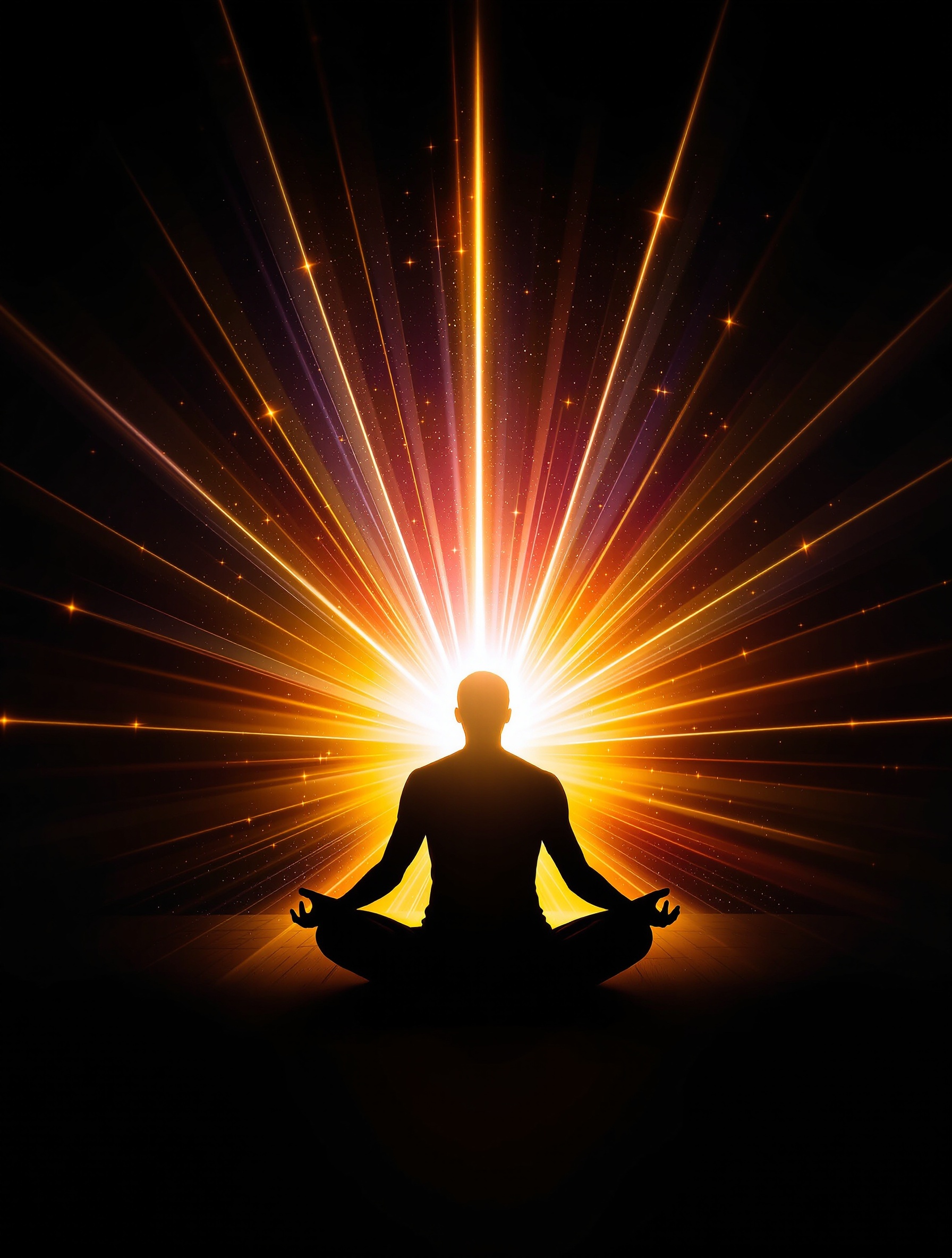 A person sits cross-legged in meditation. Rays of light emanate brightly from their body. The scene symbolizes the discovery of inner strength and fortitude. A serene and powerful atmosphere surrounds the figure.