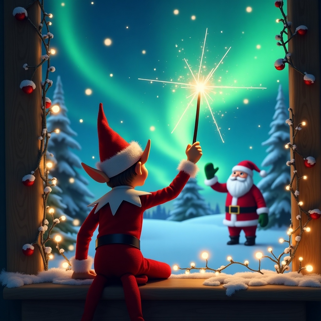 In the image, an elf on the shelf sits with his back turned, gazing at a sparkling night sky. The elf is dressed in a classic red and white outfit, holding a magical wand upward. He is using the wand to write the name 'Logan' in bright, glowing letters in the sky. In the background, a whimsical Christmas scene unfolds with colorful northern lights illuminating the snow-covered landscape. Nearby, Santa Claus waves cheerfully, adding to the festive atmosphere. The window frame is adorned with twinkling lights and festive decorations, creating a warm and inviting holiday vibe.