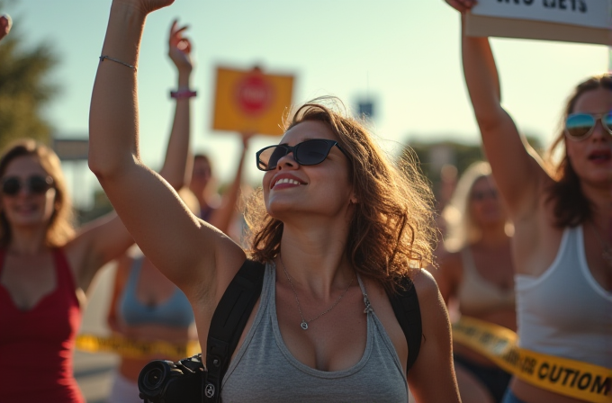 A group of people are celebrating outdoors in sunny weather, with one woman in the foreground smiling and wearing sunglasses.