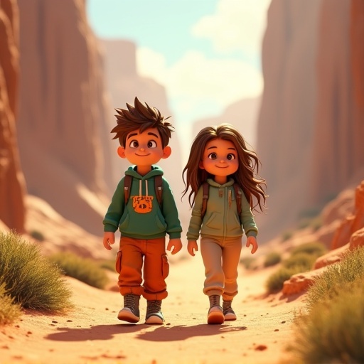 Highly detailed 3D rendering of two teenagers walking in a vast desert. Boy with brown hair wearing green hoodie orange cargo pants. Girl with long brown hair wearing light green hoodie beige cargo pants. Both have adventurous expressions exploring desert path with rock formations. Scene features golden sunlight and warm atmosphere.