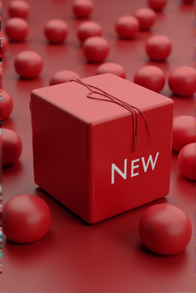 A red box labeled 'NEW' surrounded by several red spheres on a red surface.