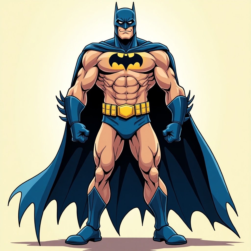 Full body vector illustration of muscular character in Batman costume. Showcase muscular definition and costume details. Facial expression shows confidence and humor. Use bold lines and vibrant colors. Keep background simple.