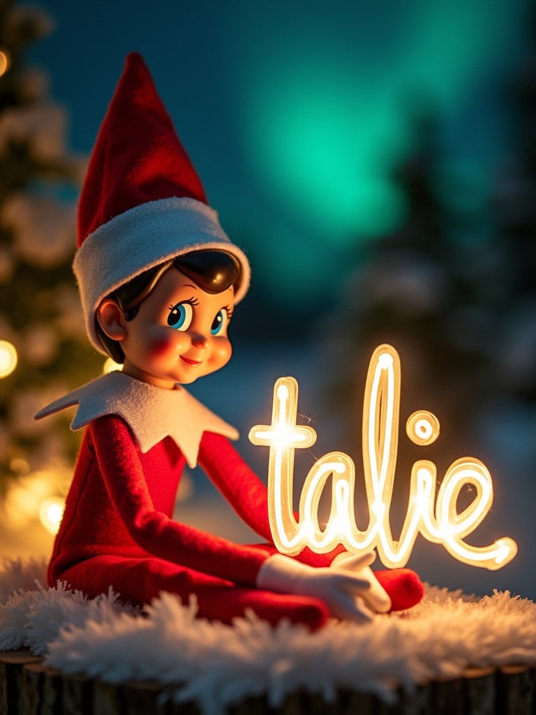 Elf character in festive red and white outfit. Elf holds glowing stick forming the name Natalie. Vibrant northern lights in the background. Scene evokes holiday spirit and cheerfulness.