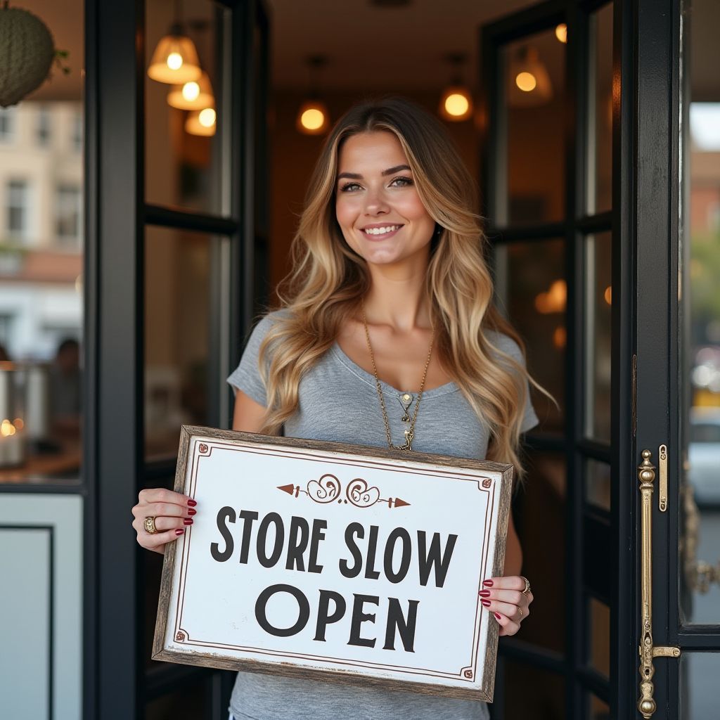 A smiling person standing at a shop entrance holding a humorous 'Store Slow Open' sign.