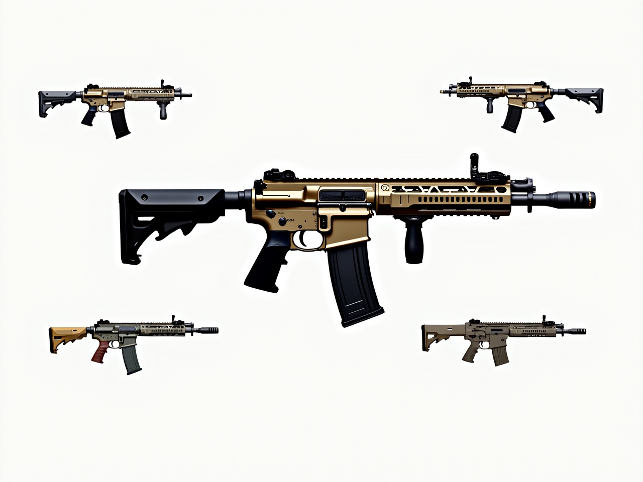 This image features a detailed illustration of a fictional tactical CQB assault rifle, designed with a sleek, tactical look, based on the KAC PDW. The main focus is a central rifle shown in profile, utilizing a fictional 5.76x42mm cartridge. The tactical design is emphasized through features such as a shortened barrel, integrated rail system, and suppressor compatibility. Surrounding the main rifle are smaller images showing different angles or potential customizations of the weapon, highlighting its tactical versatility. The predominant colors are metallic shades and black accents, showcasing a realistic style. The image is intended for use in the design process of this fictional firearm, potentially for a video game or other media featuring military themes.