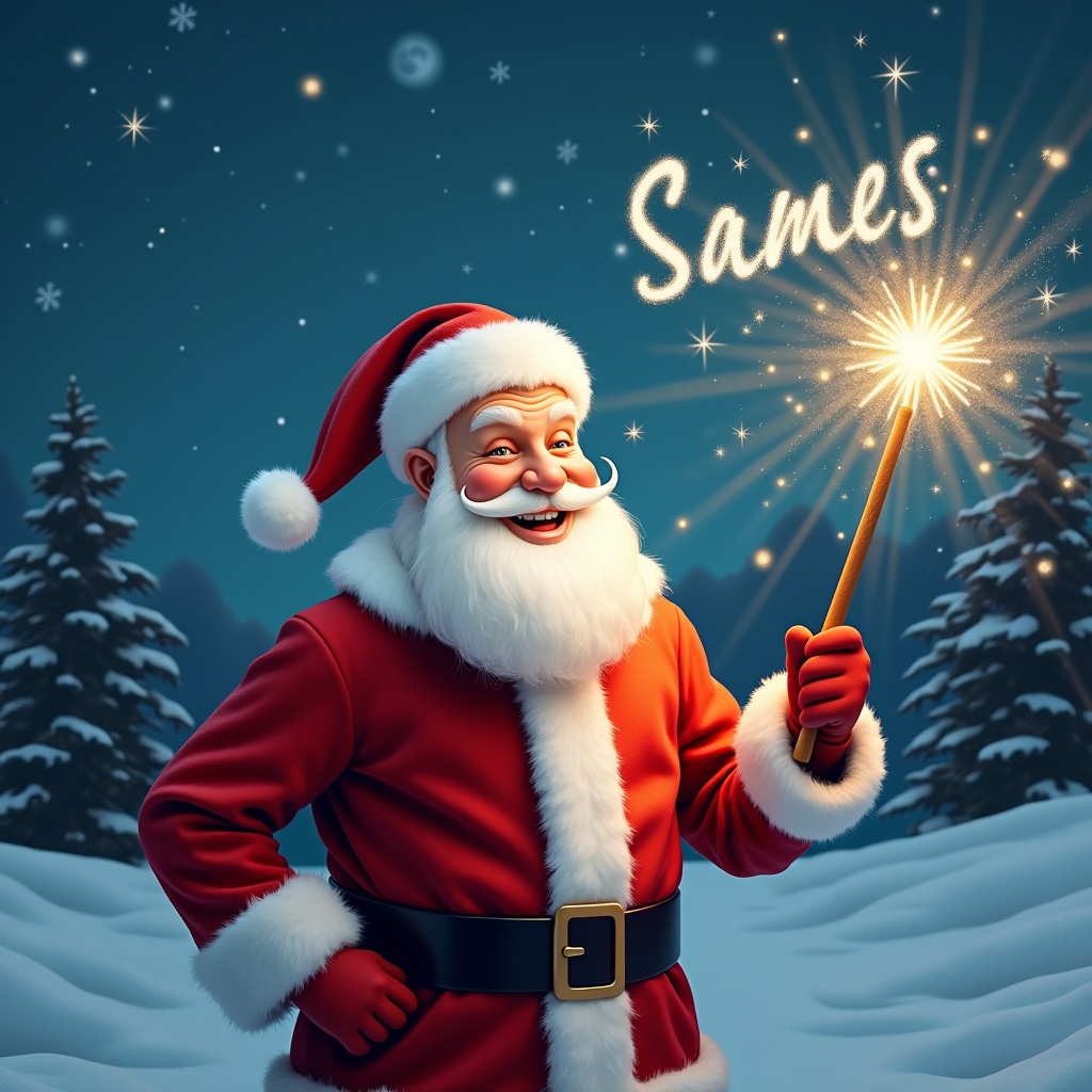 A jolly Santa Claus stands in a snowy landscape, holding a magical wand that shines with sparkles. He wears a classic red suit with soft white fur trim and a matching hat. Santa's eyes twinkle with joy as he seems to be writing names in the night sky. The background features a tranquil snowy scene with evergreen trees beneath a starry sky. The ambiance is festive and magical, exuding the essence of the holiday season. This image captures the joyful spirit of Christmas and the magic it brings to both children and adults alike.